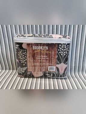 Brooklyn Loom Full Queen Duvet Set 3pc 100% Cotton Floral Black Pink